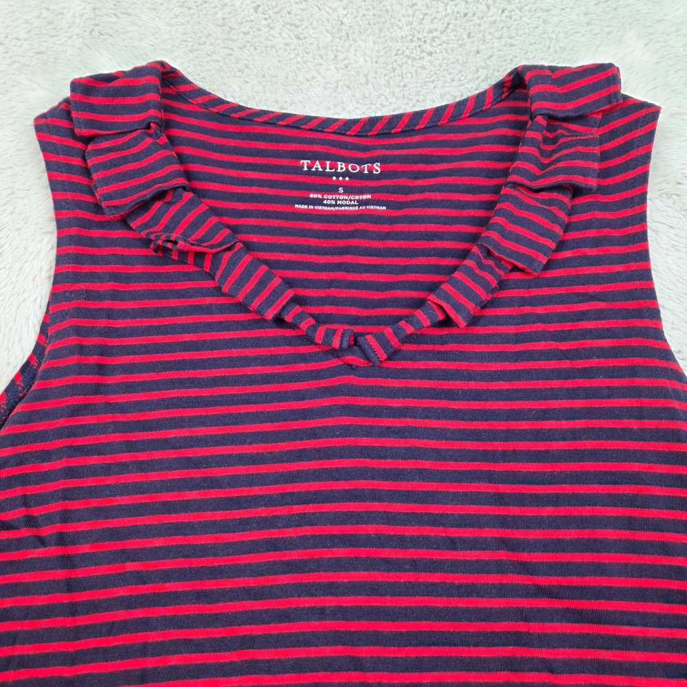 Talbots Sleeveless Top Womens S Ruffle V-Neck Cotton Modal Striped Red Navy Blue